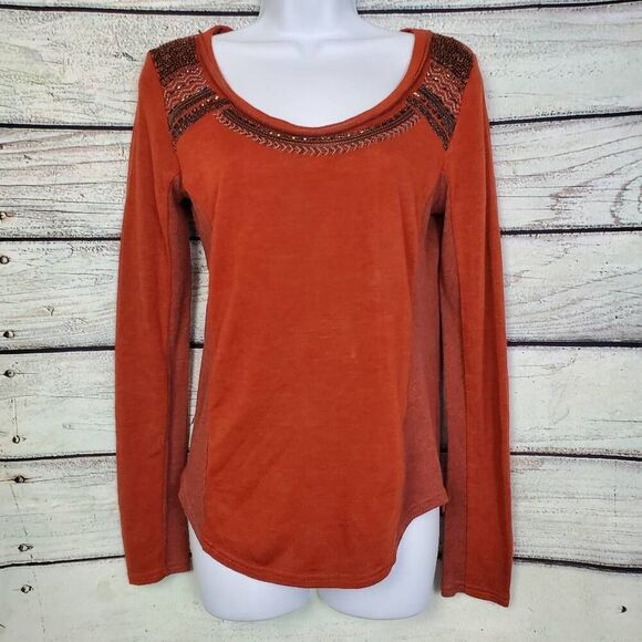 Miss Me Women’s Burnt Orange Long Sleeve Knit Top S Sheer Crochet Accents - Picture 1 of 6